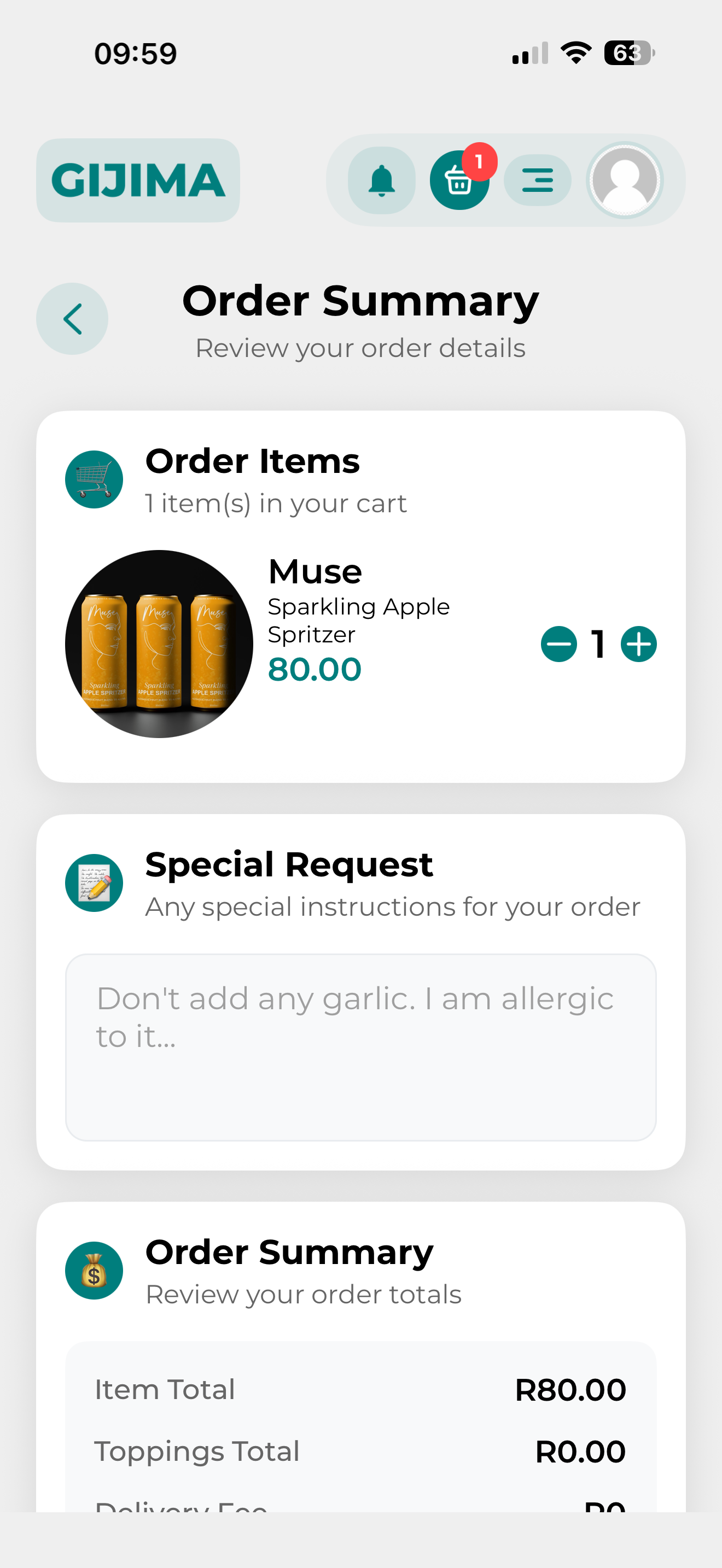 Order summary: review items, special requests, and totals