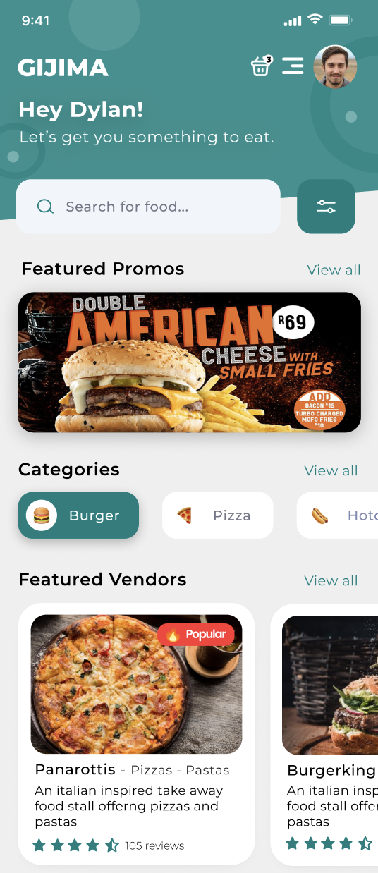 Gijima home screen: search food, categories, and featured vendors at the stadium or festival
